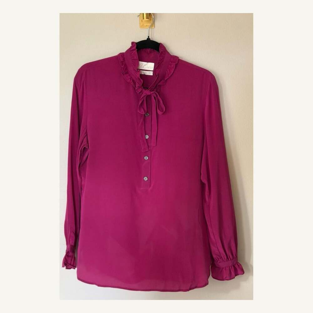 J. Crew Silk Ruffle Neck Blouse Size 6 Magenta Long Sleeve Shirt
